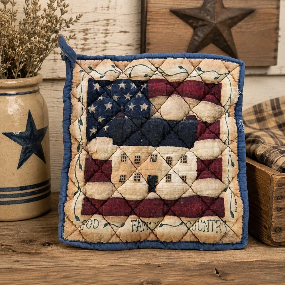 Primitive Americana God Family Country Potholder Quilted American Flag House